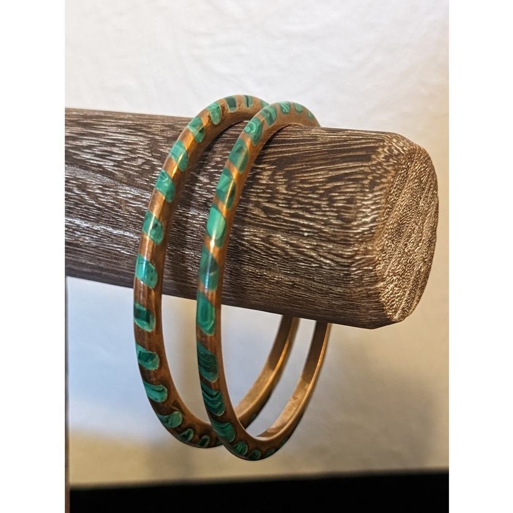 Vintage Thin Malachite Inlaid Brass Metal Bangle Bracelet Set of Two